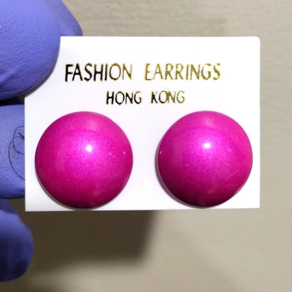 Retro 1980s Pink Enameled Metal Dome Stud Earrings – Stylish Women's Jewelry - Picture 3 of 6